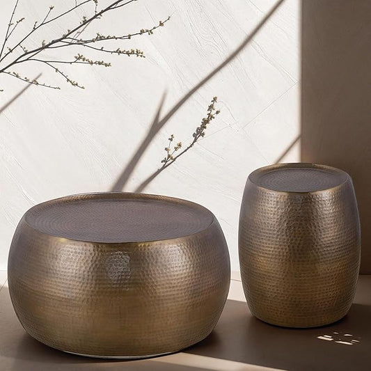 Modern Contemporary Round Aluminum Material 32" Coffee Table and 21" Height Table 2PC Table Set with Hand Hammered Design Antique Gold