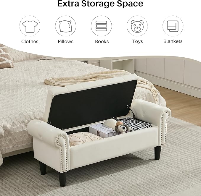 Storage Bench, 50" Queen End of Bed Bench, Velvet Tufted Button Upholstered Bedroom Bench, Storage Ottoman with Rolled Arms, Window Bench with Storage, for Living Room, Entryway Beige