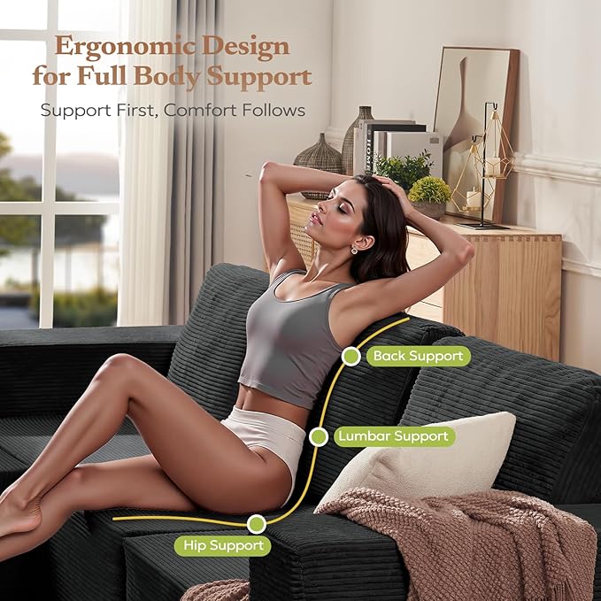 106" Cloud Sectional Couch, Left/Right Facing Convertible Sofa with Deep Seat, L-Shape Modular Upholstered Foam Couch for Living Room Bedroom, No Assembly Required (Corduroy Fabric, Black)