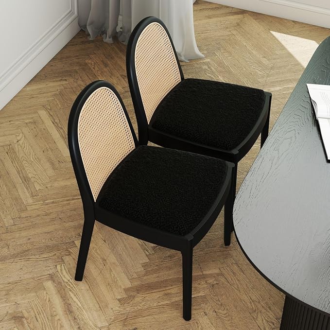 LukeAlon Modern Sherpa Dining Chairs Set of 8, Natural Woven Rattan Cane Back Side Chairs with Solid Wood Legs Mid Century Dinner Chairs for Kitchen Living Room, Black