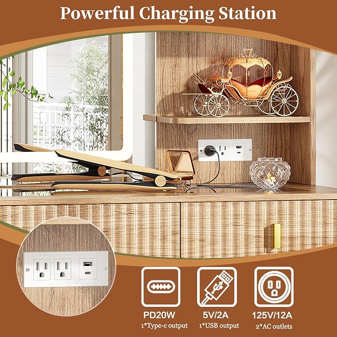 Large Makeup Vanity Desk with Mirror and Lights, Vanity Desk with 6 Drawers & Storage Shelves, Vanity Table with Power Outlet, 3 Color Modes & Adjustable Brightness Dressing Table, Bedroom,Wood