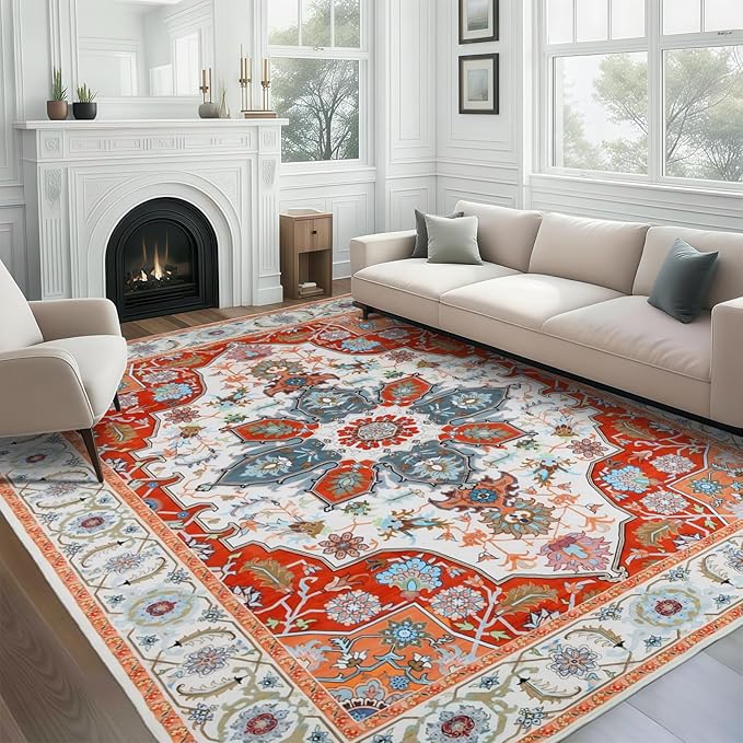 WILLSUN Washable Area Rugs, 8x10 Non-Slip Boho Large Area Rugs for Living Room, Bedroom, Machine Washable Vintage Rug, Indoor Floral Print Carpet for Home Decor, Kid & Pet Friendly Mat