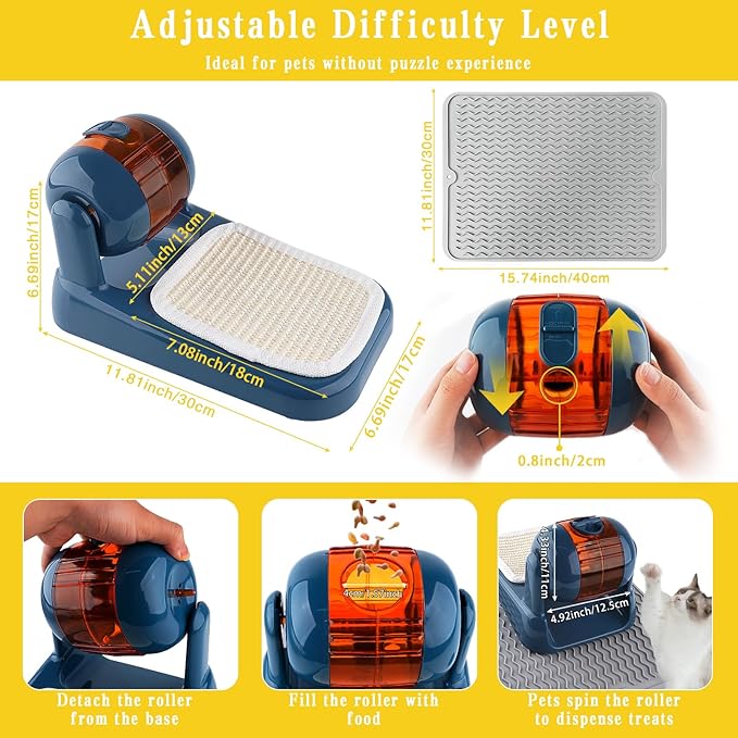 Cat Puzzle Feeder,Adjustable Difficulty Interactive Cat Food Treat Dispenser,Slow Feeder Dog Bowl Stimulate Brain Training Pet Treat Puzzle Toys with Anti-Slip Mat for Dog Small Animals (Blue)