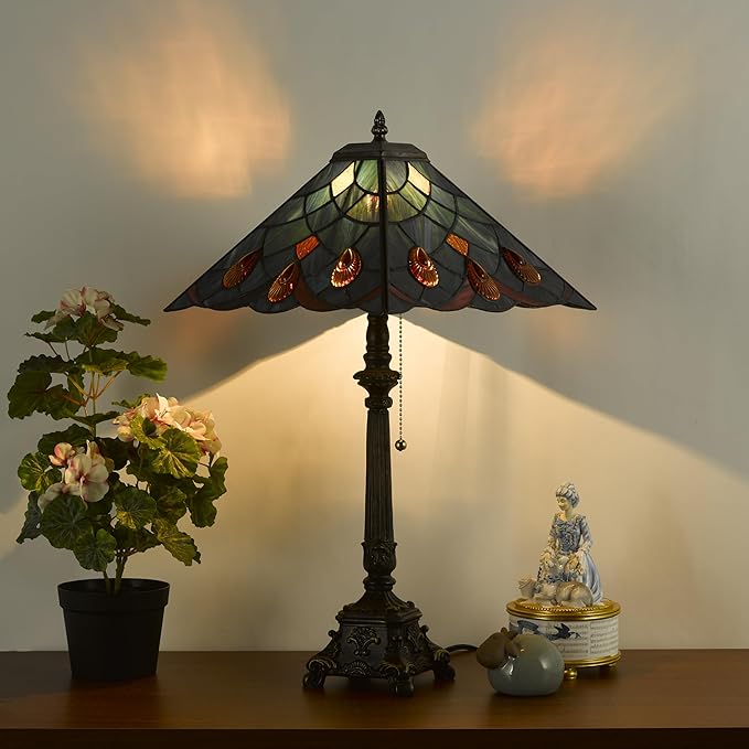 Tiffany Table Lamps Sea Blue Stained Glass Crystal Style Mission Desk Lamp 12X12X24 Inch Bronze Resin Base
