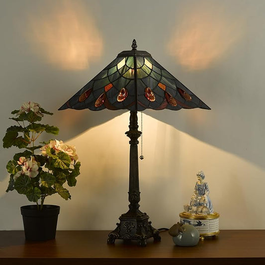 Tiffany Table Lamps Sea Blue Stained Glass Crystal Style Mission Desk Lamp 12X12X24 Inch Bronze Resin Base