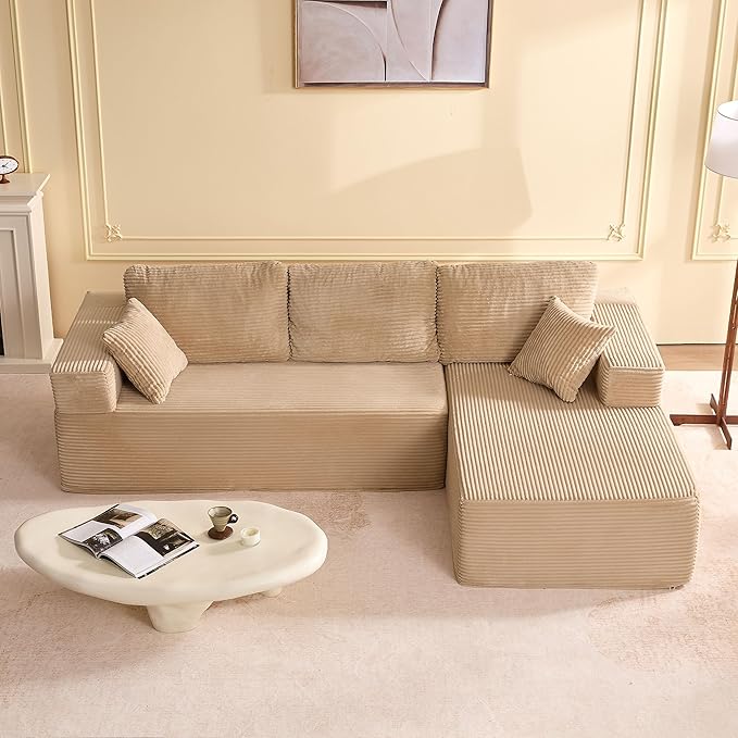 107" Boneless Couch with Deep Seat, Modular Sectional Sofa, Cloud Sectional Couch for Living Room, No Assembly Required, Corduroy, L-Shape Right?Camel