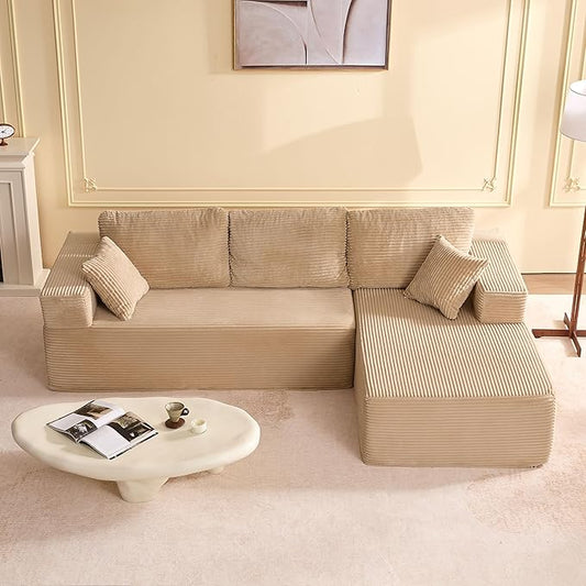107" Boneless Couch with Deep Seat, Modular Sectional Sofa, Cloud Sectional Couch for Living Room, No Assembly Required, Corduroy, L-Shape Right?Camel