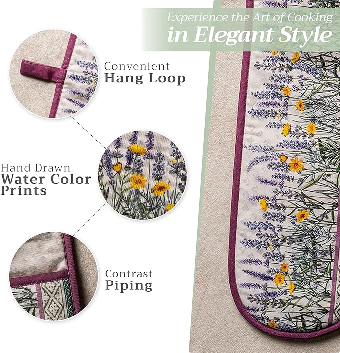 Maison d' Hermine Double Oven Mitts 100% Cotton 7"x35" Double Oven Mitt Heat Resistant BBQ Cooking Gloves with Loop, Baking, Grilling, Home, Kitchen, Handling Hot Pans Spring Summer (Fanny Lavender)