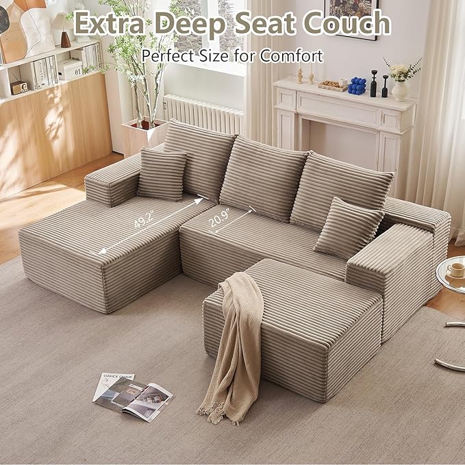 107" L-Shape Sofa with Ottoman, Modern Modular Sectional Comfy U-Shape Cloud Couch, Deep Seat, Upholstered Corduroy Sleeper Chaise Longue for Living Room Bedroom, No Assembly Required, Camel