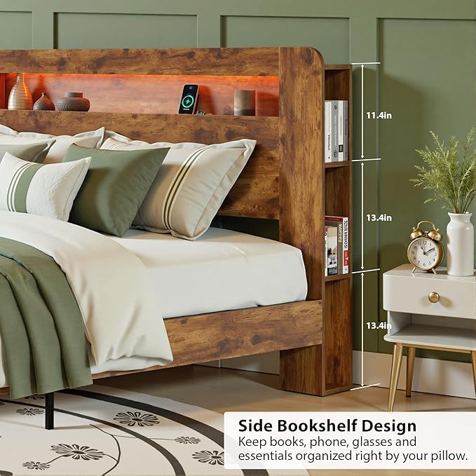 King Bed Frame with Headboard, Wooden Platform Bed Frame King Size with Bookcase Shelf, LED Lights, Charging Station, Heavy Duty Supports, No Box Spring Needed,Dark Brown