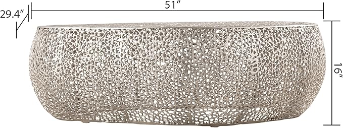 Modern Contemporary Oval-Shape 50" Coffee Table, Solid Aluminum intrigued Design, Mesh Cocktail Table, Creative Center Table for Living Room and Bedroom, Casted in Silver