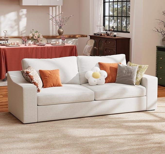 ABCASA 85" W Loveseat Couches for Living Room,Modern Linen Sofa with Removable Cover, Wide Armrest, Solid Wood Frame, Medium Firm Seat Cushion for Bedroom Office Apartment, Easy to Install, Ivory