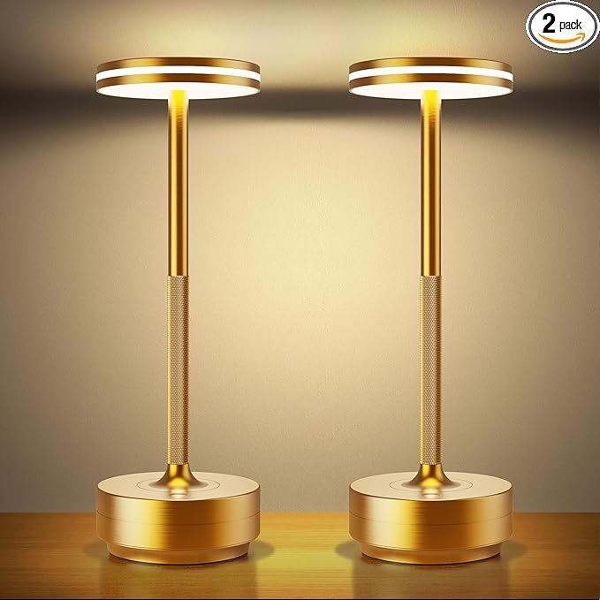 Hapfish 2 Pack Cordless Table Lamps Rechargeable, 5000mAh Battery Powered Lamp, 3 Color Modes, Dimmable, LED Table Lamps for Living Room,Outdoor, Dinner,Patio,Restaurant– Gold