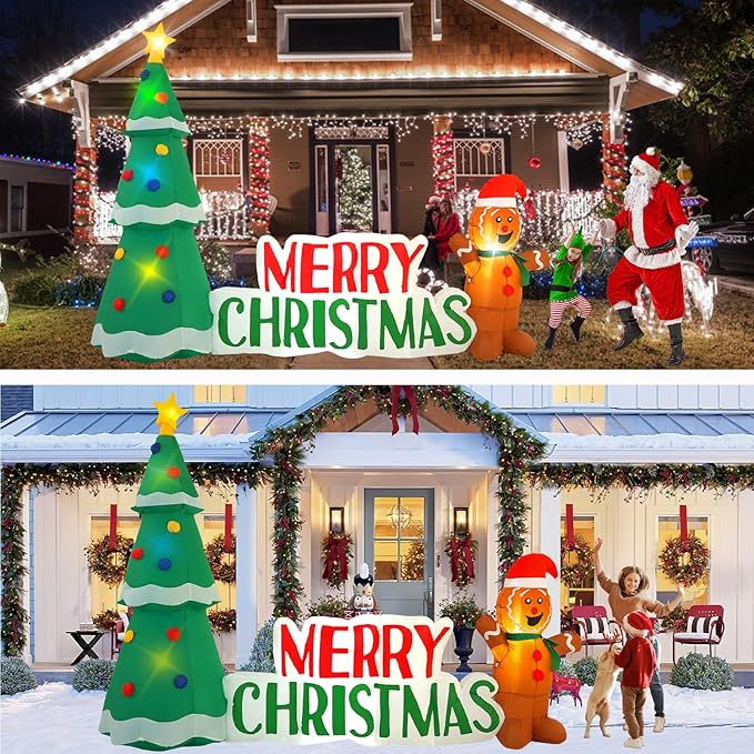 10FT Christmas Inflatable Outdoor Decorations, Christmas Tree Road Sign Pancake Man Inflatable Yard Decorations with LED Lights for Indoor and Outdoor Yard Garden Christmas Decorations