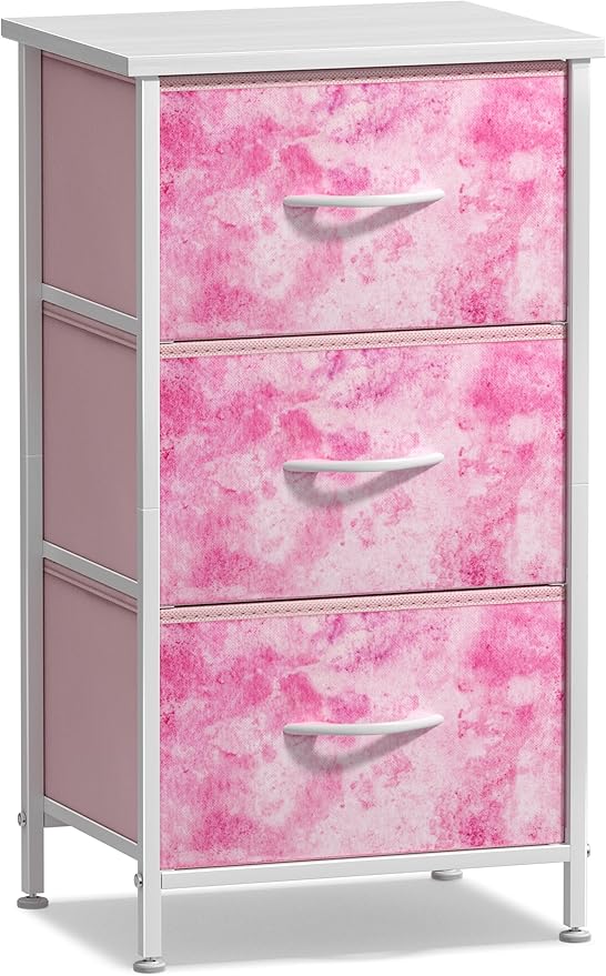Sorbus Nightstand Storage Organizer Chest with 3 Drawers - Kids Girls, Boys Bedroom Furniture Chest for Clothes, Closet Organization - Steel Frame, Wood Top, Tie-dye Fabric Bin (3-Drawer, Pink)