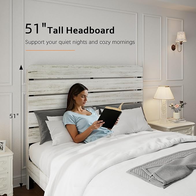 Rustic White Queen Size Wooden Bed Frame with Farmhouse Headboard, Solid Wood Platform Bed with Wood Slats, Noise-Free Structure, No Box Spring Needed