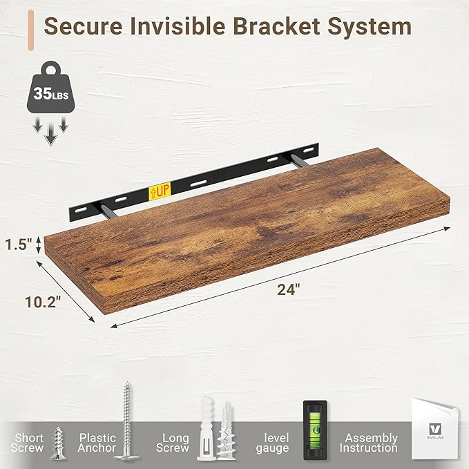 Vivelove 10 Inch Deep Floating Shelves 24 inch Long, 24 x 10 Wide Wall Shelves with Invisible Brackets, for Bedroom Bathroom Living Room Kitchen Office, Farmhouse Home Decor, Set of 2, Rustic Brown