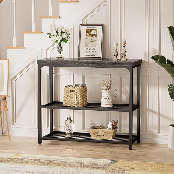 32" Small Console Table with Storage, 3-Tier Narrow Entryway Table, Sturdy Sofa Table with Mesh Shelves, Console Tables for Living Room, Bedroom, Hallway, Entryway, Foyer, Oak Grey