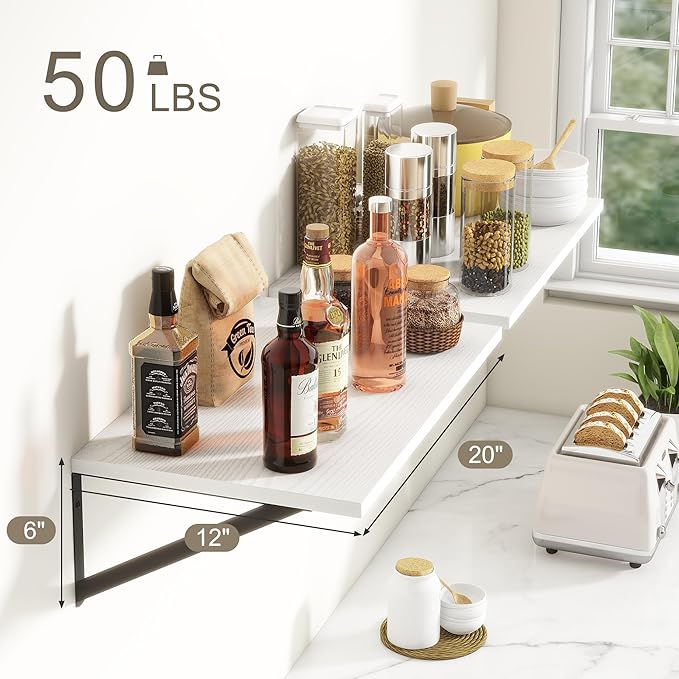 Fun Memories 20 Inch Floating Shelves for Wall, White Bathroom Shelves Set of 2, 12 Inch Deep Wall Shelf for Bedroom, Kitchen, Large Home Decor Shelves Farmhouse Storage Shelf