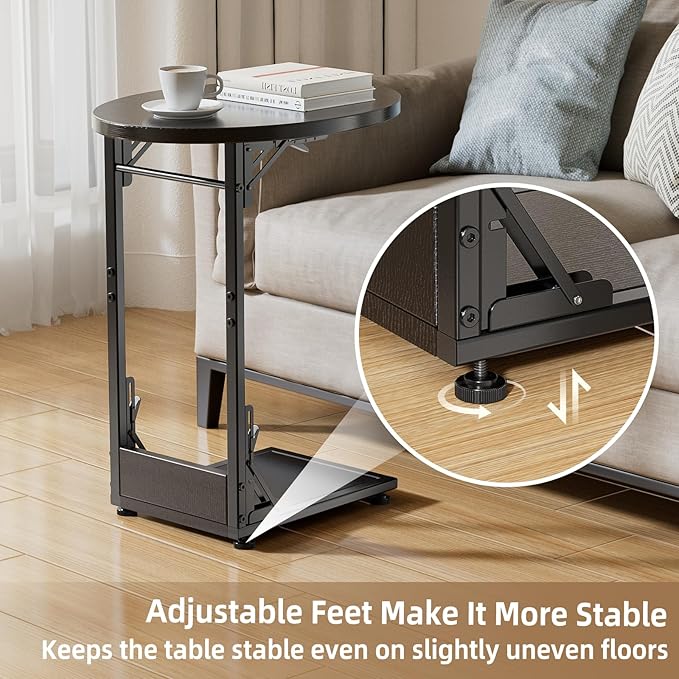 Elbourn Folding Side Table End Couch Tables, C-Shaped End Table for Living Room, Small End Table for Bedroom, Coffee Table (Black)