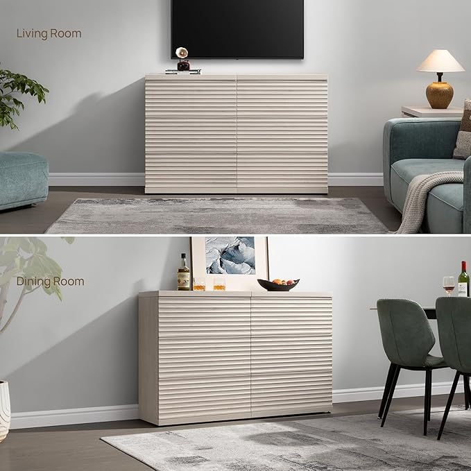 SICOTAS Sideboard Buffet Cabinet with Storage, Mid Century Fluted Credenza Storage Cabinet with 3 Large Drawers, 2-Piece Modern Media Console Coffee Bar Table for Entryway Dining Room Kitchen