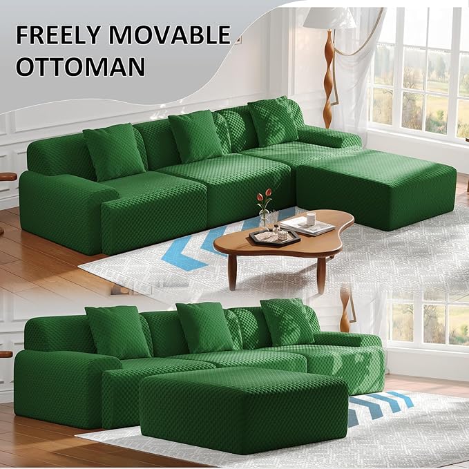 113" Modular Sectional Sofa Upholstered 3-Seater Sofa with Movable Ottoman, Oversized 4-Seater Couch with 3 Throw Pillows High-Density Foam No Assembly Free Combinations