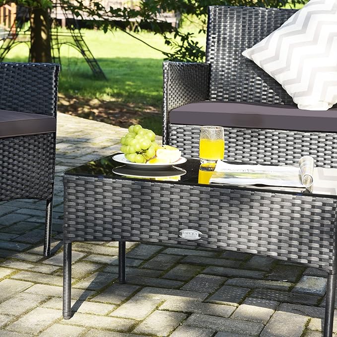 Tangkula 8 Pieces Patio Furniture Set, Outdoor Wicker Conversation Set with Tempered Glass Tabletop, Rattan Sofa and Chairs Set with Off White & Grey Cushion Covers