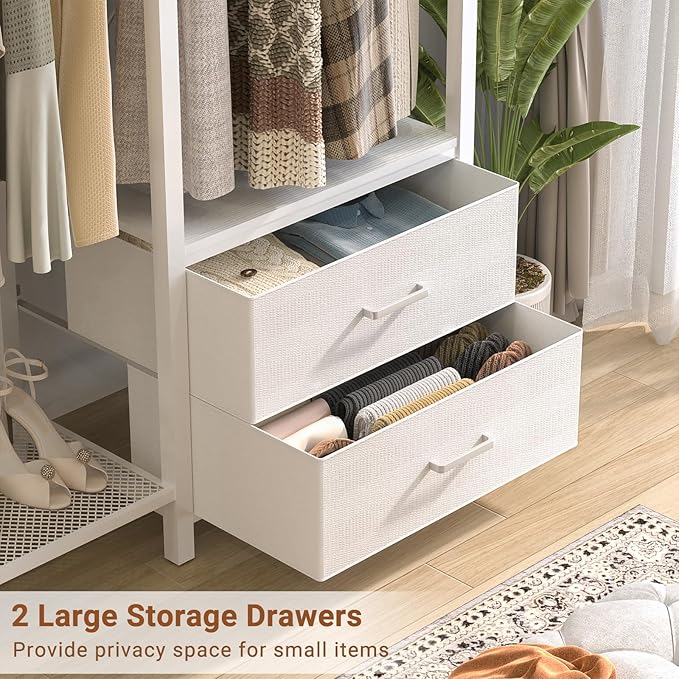 78.7'' Clothes Rack for Hanging Clothes - Reversible Clothing Rack with 2 Drawers, Heavy Duty Garment Racks with Shelves, 6 Tiers Freestanding Portable Closet Wardrobe System with Hanging Hooks, White