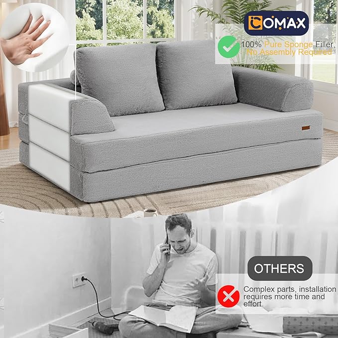 COMAX Convertible Sofa Bed, Folding Floor Couch Corduroy Fold Out Couch Bed Futon Sleeper Mattress with Pillows, Boneless Sofa Comfy Lounge Loveseat for Living Room Bedroom, Faux Fur Grey