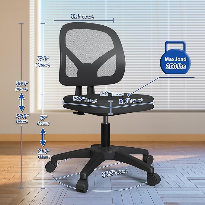 No Arms Small Office Computer Mesh Chair with Swivel Wheels Height Adjustable for Child and Adult