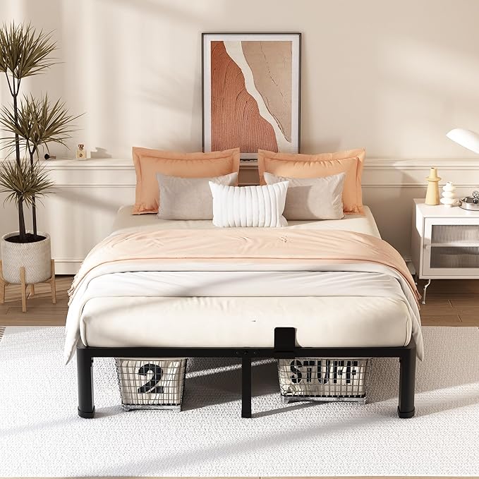 FUIOBYVV 12 Inch Full Bed Frame with Rounded Corner and Headboard Hole Mattress Retainers 3500 LBS Metal Heavy Duty Steel Slats Support No Box Spring Needed Platform Noise Free Easy Assembly