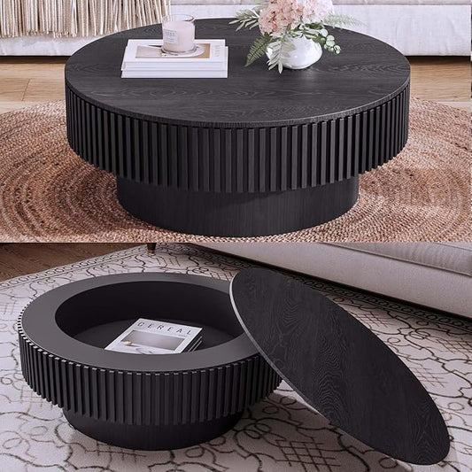 31.5'' Small Round Coffee Table with Storage, Fluted Coffee Table with Solid Wood Veneered, Mid Century Modern Wooden Center Table, Accent Tea Table for Small Space Living Room Apartment,Black