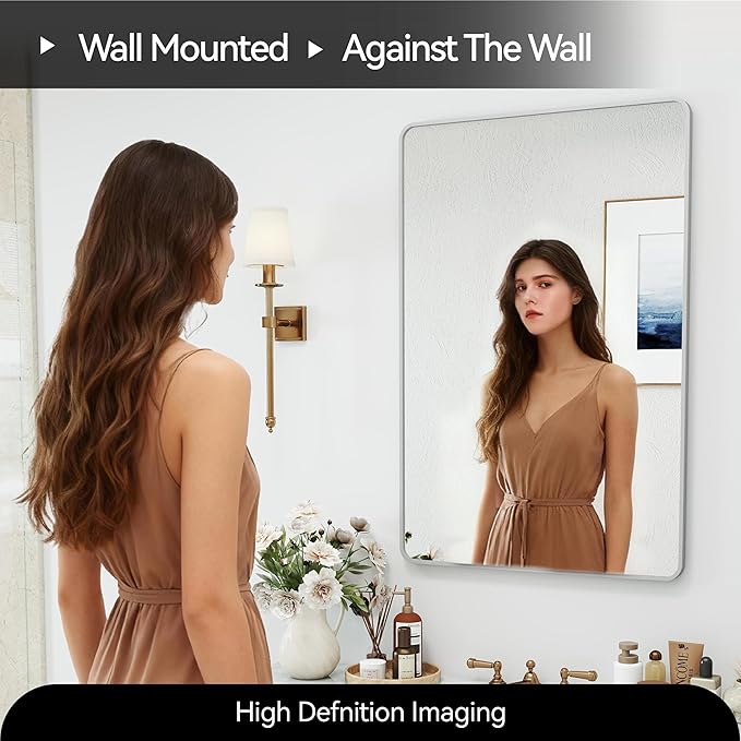 24x36 Mirror Rectangle Full Length Wall Mounted Hanging or Against Wall Metal Frame Dressing Make-up Mirrors for Entryway Bedroom Bathroom Living Room 24 36 36x24 inch Silver