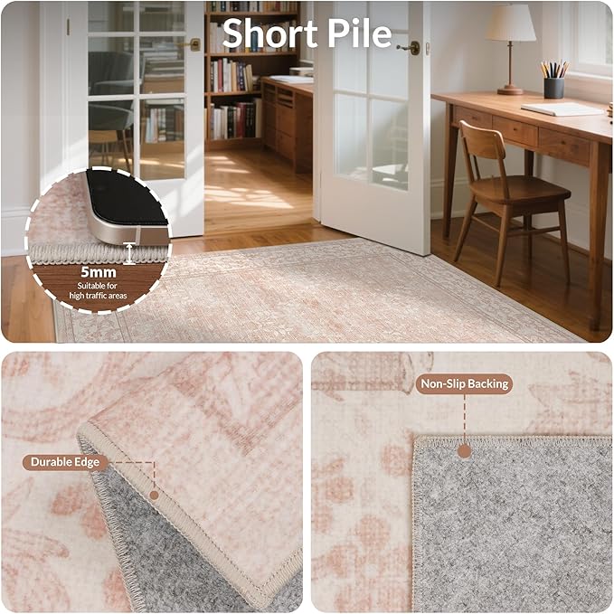 GENIMO 8x10 Washable Area Rug, Non-Slip Vintage Boho Floral Carpet, Soft Low-Pile Thin Living Room Rug for Bedroom, Dining Room, Nursery, Pink White