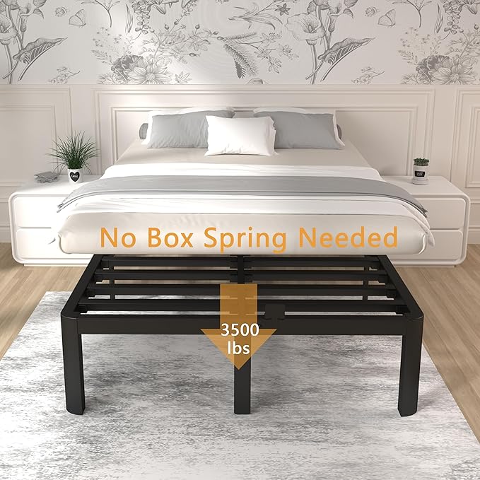 ITIMIDI 14 Inch Queen Bed Frame, Heavy Duty Metal Platform Bed Frame Queen Size, Safety Design with Rounded Corner Legs and DIY Headboard, High Load-Bearing, Noise Free, No Box Spring Needed, Black