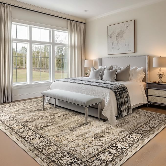 9x12 Large Rugs for Living Room Washable Boho Farmhouse Area Rugs Soft Faux Fur Low Pile Non Slip Stain Resistant Vintage Euro Floral Carpet Rug for Bedroom Dining Room Family Room,Hazel Brown