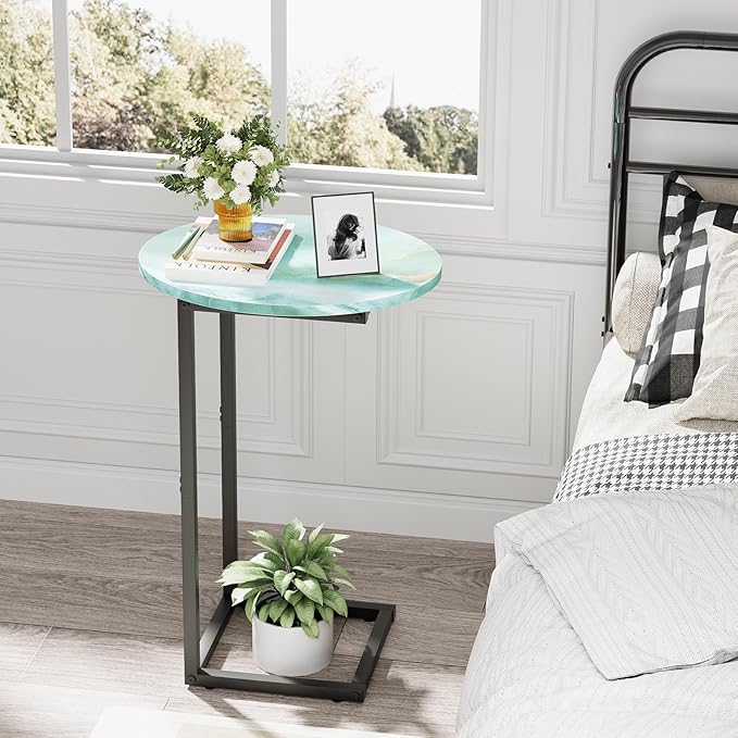 C Shaped End Side Table, Small Oval Couch Sofa Table for Bed, Snack Side Table with Metal Frame, TV Tray Table with White Marble for Small Space, Living Room, Bedroom, Bedside(Sea Blue)