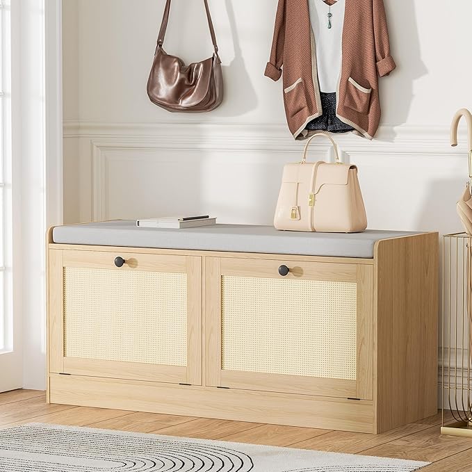 MHOM Rattan Shoe Bench for Entryway, Hallway and Bedroom - Boho Bench with Storage Cabinets and Seat Cushion - Wooden Storage Bench Fits up to Size 16 - Natural Oak