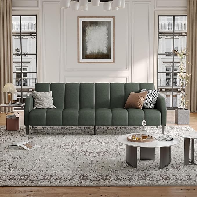 Fadware Faux Leather Couch, Convertible Futon Sofa Bed with Adjustable Backrest, Mid Century Leather Sofa Loveseat with Side Pockets& Metal Leg, Modern Leather Sleeper Sofa for Living Room Bedroom