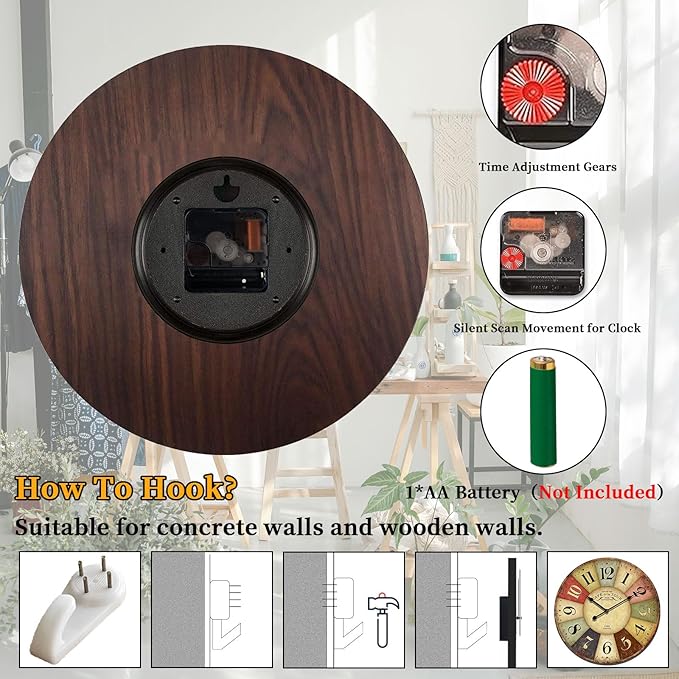 24 Inch Vintage Wall Clocks French Style Retro Wall Clock Large Farmhouse Clocks Retro Colorful Wall Clock Decorative Battery Operated Silent Scan Non-Ticking for Home Living Room Bedroom