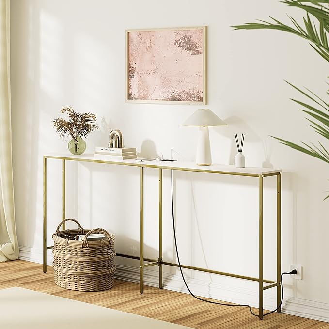 70.9 Inch Console Table with Power Outlet，Modern Narrow Long Sofa Table Behind Couch,Skinny Entry Table with Gold Metal Frame for Entryway,Living Room, Hallway,Classic White