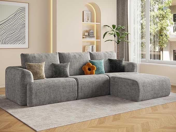 EASE MOOSE Sectional Cloud Couch for Living Room, L-Shaped Modular Boneless Sofa, Modern Cloud Sofa with Fluffy Foam, Oversized 4-Seater Deep Sofas with Ottoman for Apartment, Chenille (Light Grey)