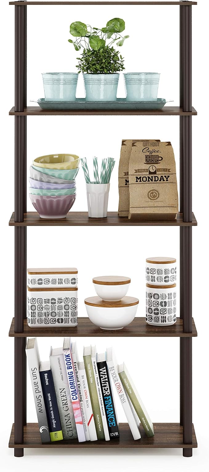 Furinno TURN-N-TUBE Storage Shelves, 5-Tier Book Shelf, Corner Shelf, Toolless Open Shelves, for Organization and Storage, Living Room, Garage, Home Office, Walnut