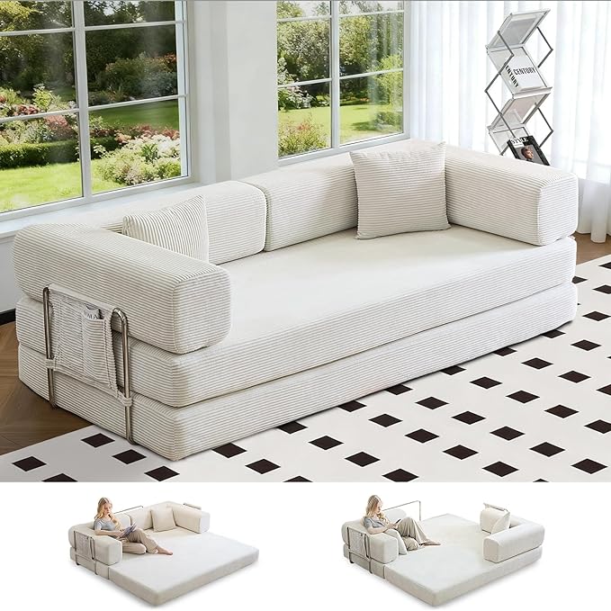 Folding Sofa Bed Convertable Corduroy Couch King Size Floor Sleeper 4-in-1 DIY Combination Modular Sofa Fold Out Futon Lounge Comfy Foldable Lazy cama for Living Room (Beige, 80.15'')