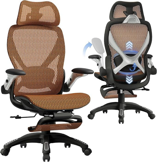 ELABEST X100 Ergonomic Office Chair with Footrest, Big and Tall Home Desk Chair with 5D Flip-Up Arms, Adjustable 3D Lumbar Support,High Back Rolling Computer Chair, Swivel Mesh Chairs