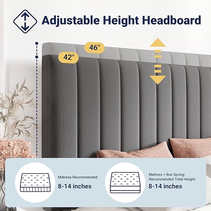 Allewie King Size Storage Bed Frame, Vertical Channel Tufted Adjustable Headboard, Velvet Upholstered Platform Bed with 4 Oversized Underbed Drawers, Wooden Slats Support, No Box Spring Needed, Grey