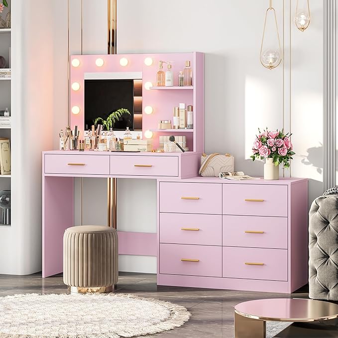 61" Vanity Desk with Mirror & Lights, White Makeup Dressing Table with 8 Drawers & 2 Shelves, 3 Lighting Modes with Adjustable Brightness for Bedroom, Pink