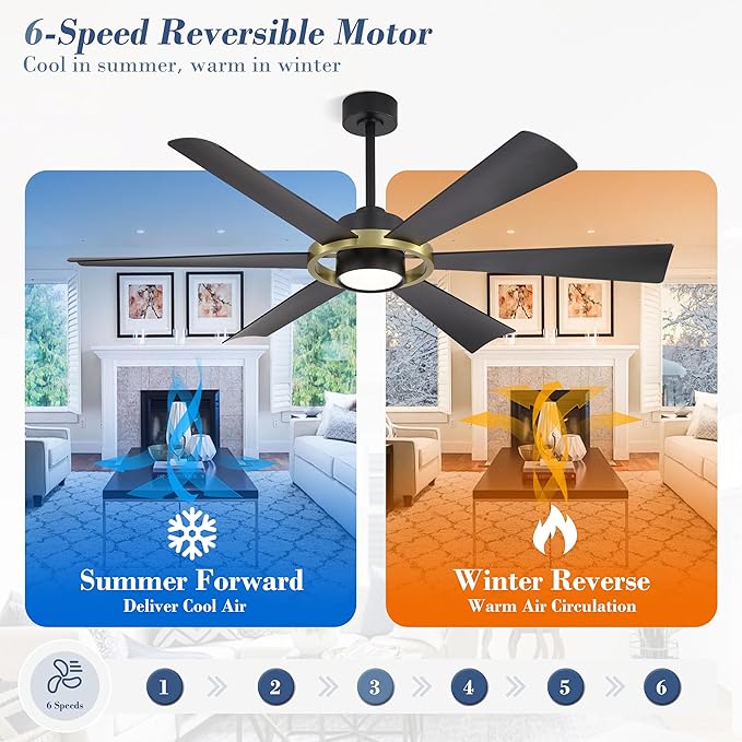 ELEHINSER 60" Ceiling Fan with Lights - 6 ABS Plastic Blades, 3 Downrods, 6-Speed Reversible DC Motor, 3CCT, Windmill Ceiling Fan for Kitchen Bedroom Living Room, Black and Brass