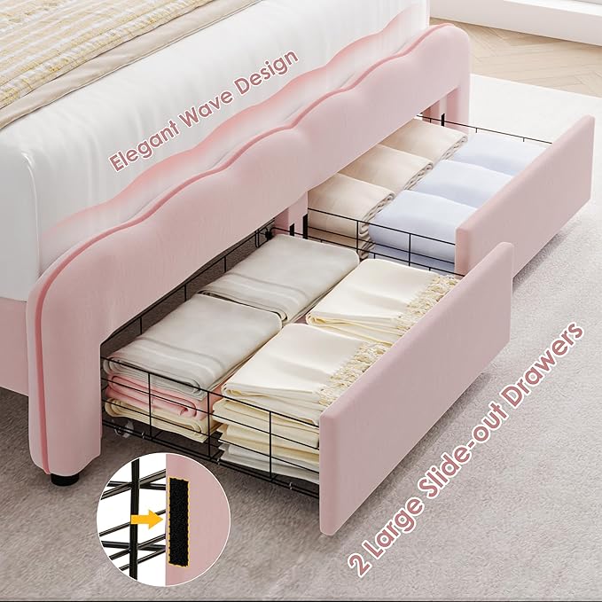 HOSTACK Full Upholstered LED Bed Frame with Storage Drawers, Cute Girls Bed with Adjustable Lotus Headboard, Velvet Princess Platform Bed Frame, Wooden Slats Support, No Box Spring Needed, Pink/Beige