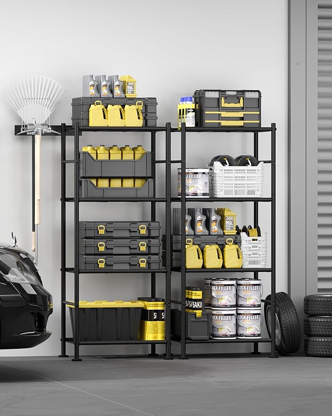 2-Pack Storage Shelves - 4-Tier Metal Wire Shelf Organizer, Slim Shelf Rack with Adjustable Feet for Laundry Room, Kitchen, Garage Organization, 18.2" x 12.3" x 43.7", Black